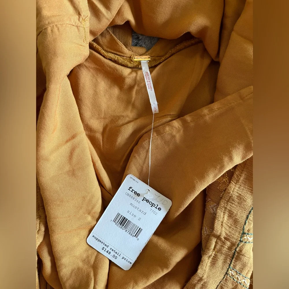 NWT Free People Mustard Yellow Bishop Sleeve Sundress Embroidered Small Mini